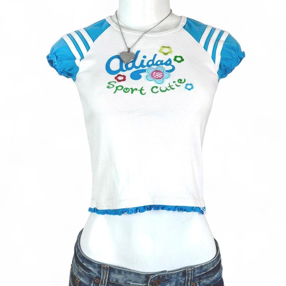 y2k adidas sport cute blue white fitted baby tee
